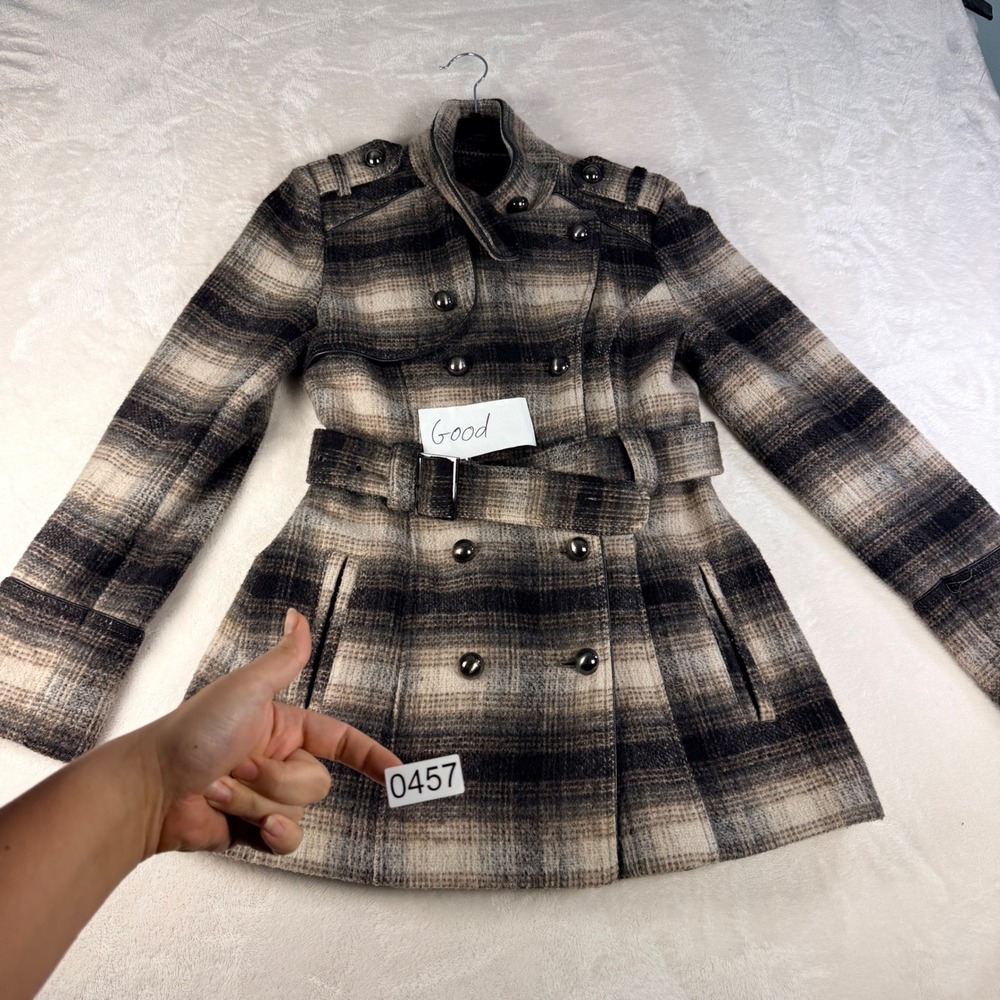 Miss Sixty M60 Plaid Wool Blend Double Breasted Belted Pleated Coat Grey Black M
